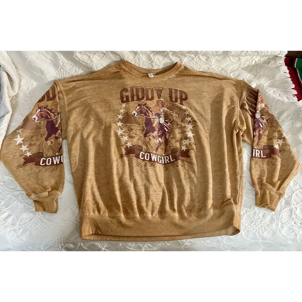Cato Women Crewneck Long Sleeve Graphic T-Shirt BL1 Rodeo Tan Size Small NWT  J